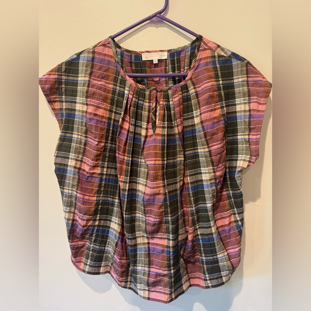 Corey Lynn Calter Maggie Pleat Neck Plaid Top Womens Size M - Picture 2 of 4
